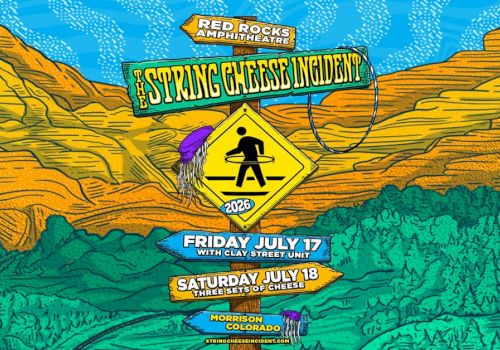 A psychedelic poster for a music festival in Red Rocks Amphitheatre featuring &ldquo;A Spring Cheese Incident,&rdquo; with dates July 17&ndash;18 and Morrison, Colorado.