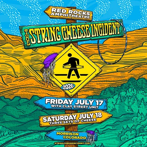 A psychedelic poster for a music festival in Red Rocks Amphitheatre featuring &ldquo;A Spring Cheese Incident,&rdquo; with dates July 17&ndash;18 and Morrison, Colorado.