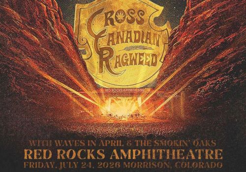 A concert poster for Cross Canadian Ragweed at Red Rocks Amphitheatre, with a fiery rocky background and bold event details.