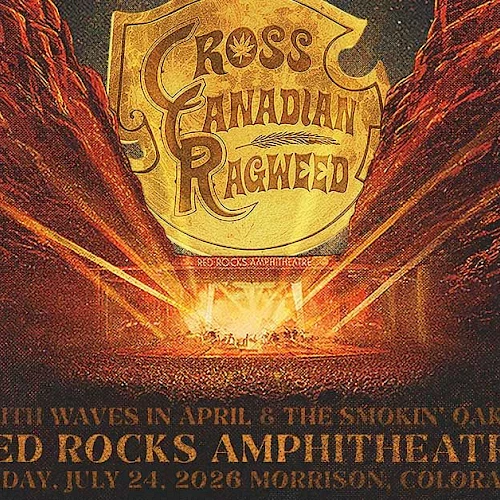 A concert poster for Cross Canadian Ragweed at Red Rocks Amphitheatre, with a fiery rocky background and bold event details.