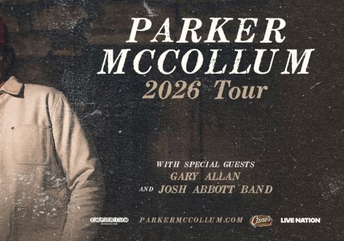 Parker McCollum 2026 Tour poster featuring Parker in a beige jacket and red cap, with Gary Allan and Josh Abbott Band as guests. Ends with period.