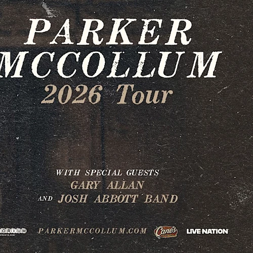 Parker McCollum 2026 Tour poster featuring Parker in a beige jacket and red cap, with Gary Allan and Josh Abbott Band as guests. Ends with period.