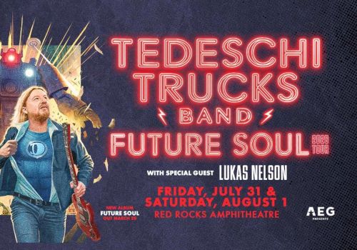 A promotional poster for Tedeschi Trucks Band and Future Soul with Lukas Nelson, featuring two musicians walking, neon text, and a retro rocket-like backdrop.
