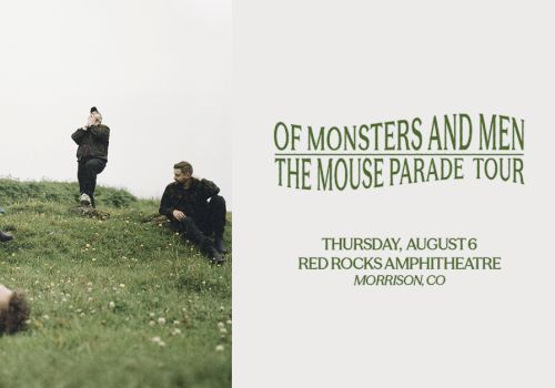 A band promo shot: five people posing on a grassy hill, some lying down, others standing with cameras; text on right reads &ldquo;Of Monsters and Men The Mouse Parade Tour.&rdquo;