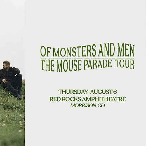 A band promo shot: five people posing on a grassy hill, some lying down, others standing with cameras; text on right reads &ldquo;Of Monsters and Men The Mouse Parade Tour.&rdquo;