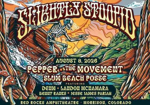 A colorful concert poster for Lights & Sorrow featuring Pepper the Movement at Red Rocks Amphitheatre, Aug 8, 2026, with a skeletal surfer motif.