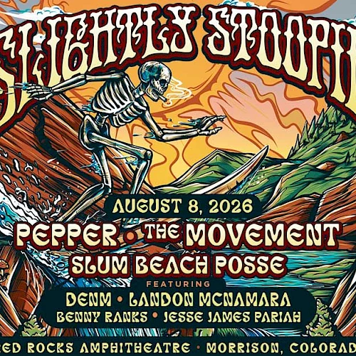 A colorful concert poster for Lights & Sorrow featuring Pepper the Movement at Red Rocks Amphitheatre, Aug 8, 2026, with a skeletal surfer motif.