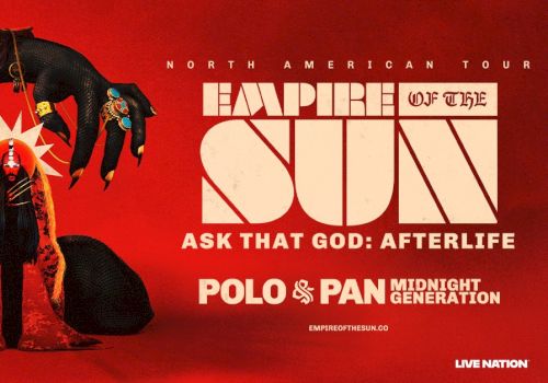 A bold red Empire of the Sun concert poster featuring a giant black serpent, a staged figure, and band names like Empire of the Sun, Polo & Pan, midnigh..., with &ldquo;Ask That God: Afterlife&rdquo; and live nation.