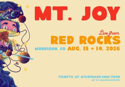 A colorful concert poster for Mt. Joy and Red Rocks, featuring illustrated faces with surreal elements and tour details.