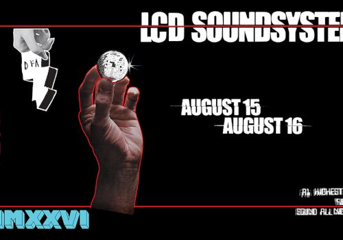 A dark concert poster for LCD Soundsystem with a raised hand, red border, and bold white text&mdash;tour dates, &ldquo;Red Rocks Colorado,&rdquo; and year MMXXVI.