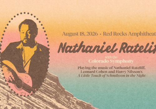 A vintage concert poster featuring Nathaniel Rateliff with a guitarist on a pastel mountain backdrop and bold serif text announcing the show.