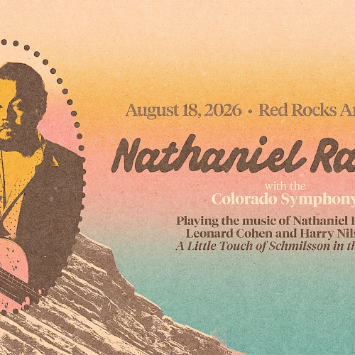 A vintage concert poster featuring Nathaniel Rateliff with a guitarist on a pastel mountain backdrop and bold serif text announcing the show.