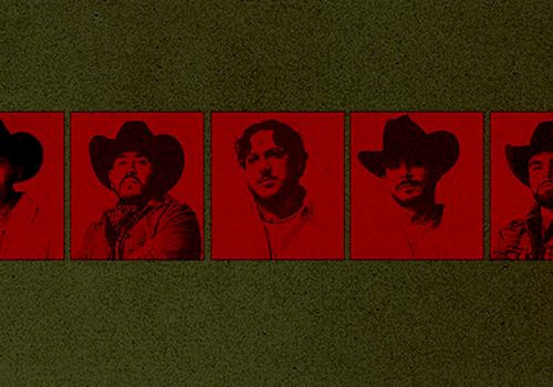 A row of five red-tinted portraits of a man wearing a cowboy hat, each panel presenting a slightly different pose.
