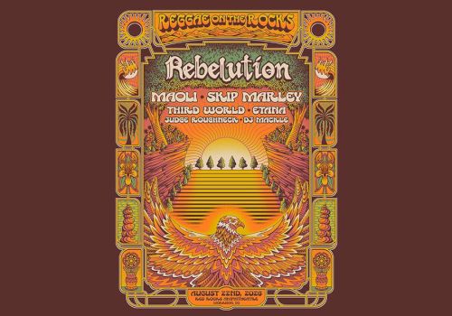 A psychedelic travel poster for a reggae/rock concert tour by Rebelution, featuring a sunburst design and bold orange-yellow artwork.