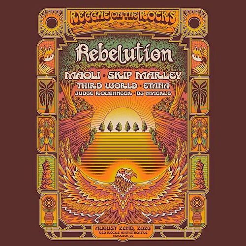 A psychedelic travel poster for a reggae/rock concert tour by Rebelution, featuring a sunburst design and bold orange-yellow artwork.