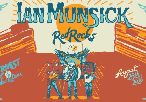 A colorful poster for Ian Munsick&rsquo;s Red Rocks show with band graphics, desert canyon backdrop, and date Aug 25th, 2016.