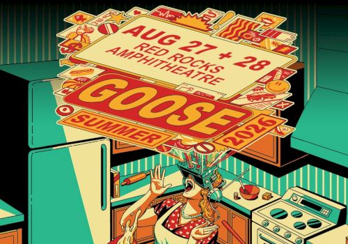 Illustrator-style kitchen scene with a woman under oversized concert posters, announcing &ldquo;Goose&rdquo; and dates Aug 27&ndash;28, 202? while bright colors and retro decor fill the room.