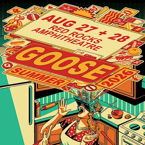 Illustrator-style kitchen scene with a woman under oversized concert posters, announcing &ldquo;Goose&rdquo; and dates Aug 27&ndash;28, 202? while bright colors and retro decor fill the room.