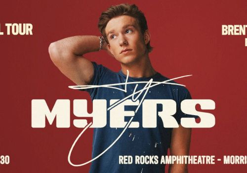 A poster for a Mylers show called &ldquo;Myers&rdquo; featuring a young man with a blue shirt on a red background, with tour details in white text.