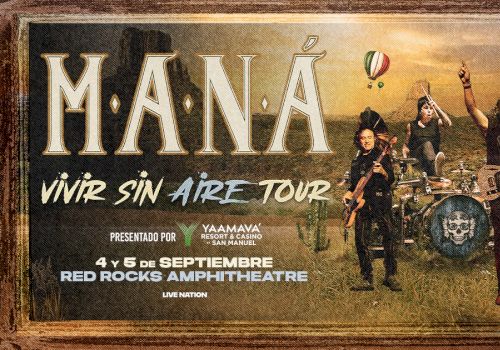 A rock band poster for "MAN&Aacute;" promoting the VIVIR SIN AIRE TOUR with band members playing guitars and drums on a rocky outdoor stage, windswept field, and promotional details, ending with a period.