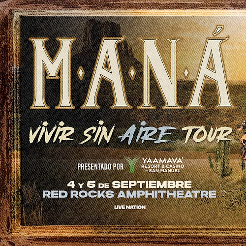A rock band poster for "MAN&Aacute;" promoting the VIVIR SIN AIRE TOUR with band members playing guitars and drums on a rocky outdoor stage, windswept field, and promotional details, ending with a period.