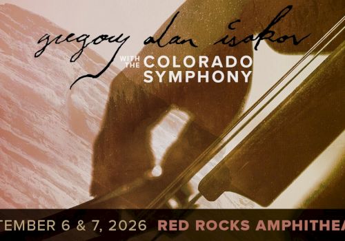 A promotional poster for a Colorado Symphony concert featuring Guguay Dan Iskor (likely a stylized name), with dates September 6 & 7, 2026, at Red Rocks Amphitheatre.