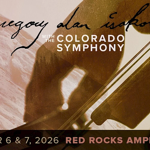 A promotional poster for a Colorado Symphony concert featuring Guguay Dan Iskor (likely a stylized name), with dates September 6 & 7, 2026, at Red Rocks Amphitheatre.