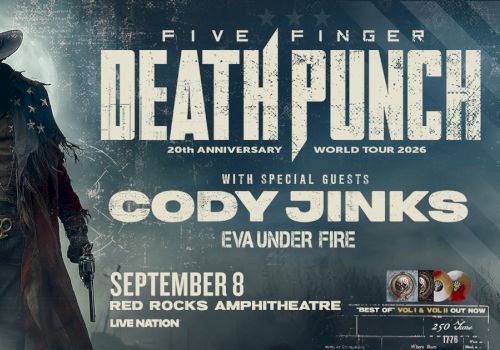 A concert poster for Five Finger Death Punch featuring Cody Jinks and Eva Under Fire, with a masked cowboy silhouette and concert details soiled in bold text.