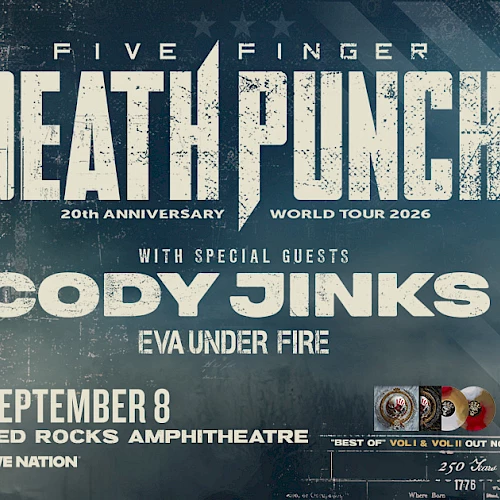 A concert poster for Five Finger Death Punch featuring Cody Jinks and Eva Under Fire, with a masked cowboy silhouette and concert details soiled in bold text.
