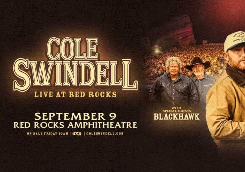 A poster for Cole Swindell&rsquo;s live show &ldquo;Live at Red Rocks,&rdquo; with lineup BlackHawk and Zach Johnkin in a concert crowd scene at night.