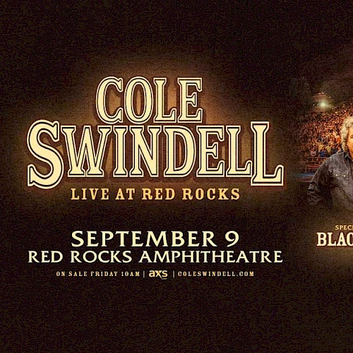 A poster for Cole Swindell&rsquo;s live show &ldquo;Live at Red Rocks,&rdquo; with lineup BlackHawk and Zach Johnkin in a concert crowd scene at night.