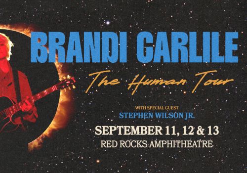 Brandi Carlile poster for The Human Tour, with a guitarist inside a solar ring, blue title, and Sept 11&ndash;13 at Red Rocks Amphitheatre.