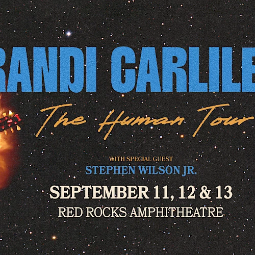 Brandi Carlile poster for The Human Tour, with a guitarist inside a solar ring, blue title, and Sept 11&ndash;13 at Red Rocks Amphitheatre.
