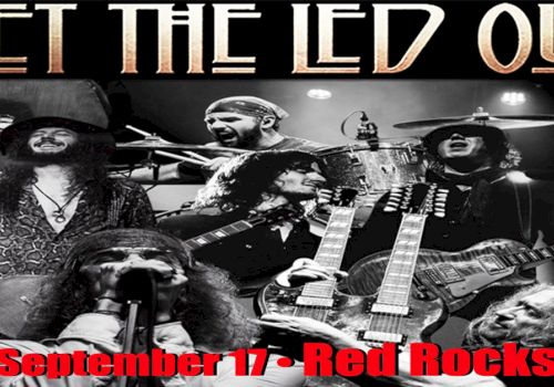 A band photo with retro rock vibes, guitars, and a bold red text announcing &ldquo;September 17 &ndash; Red Rocks.&rdquo;