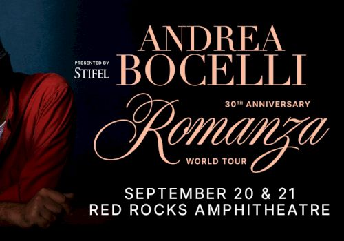 Andrea Bocelli concert poster: &ldquo;Romanza&rdquo; world tour, Sep 20-21 at Red Rocks Amphitheatre, Bocelli in red shirt, elegant typography.