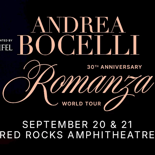 Andrea Bocelli concert poster: &ldquo;Romanza&rdquo; world tour, Sep 20-21 at Red Rocks Amphitheatre, Bocelli in red shirt, elegant typography.