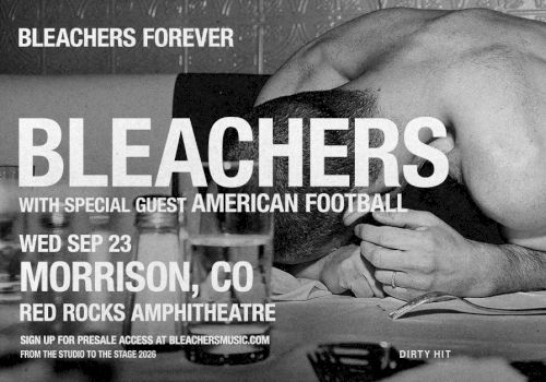 The image is a concert poster for the band Bleachers, promoting a show in Morrison, CO at Red Rocks Amphitheatre.