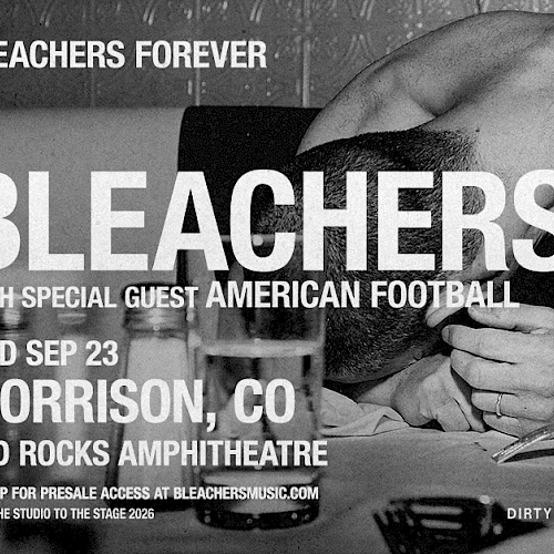 The image is a concert poster for the band Bleachers, promoting a show in Morrison, CO at Red Rocks Amphitheatre.
