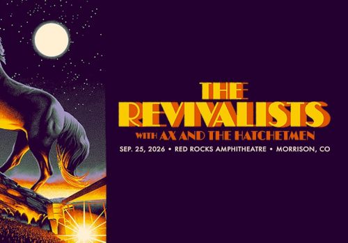 A glowing black horse rears atop a rocky hill under a full moon; bold retro text reads &ldquo;THE REVIVALISTS&rdquo; with branding on the right.