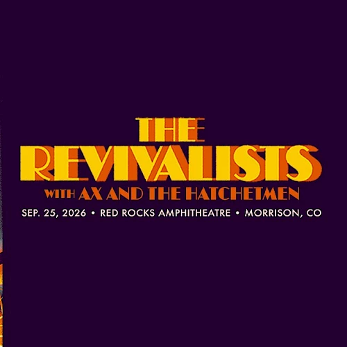 A glowing black horse rears atop a rocky hill under a full moon; bold retro text reads &ldquo;THE REVIVALISTS&rdquo; with branding on the right.