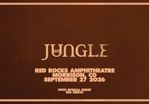 A dark brown concert poster for JUNGLE at Red Rocks Amphitheatre, Morrison, CO, September 27, 2026, with guest Rio Costa.