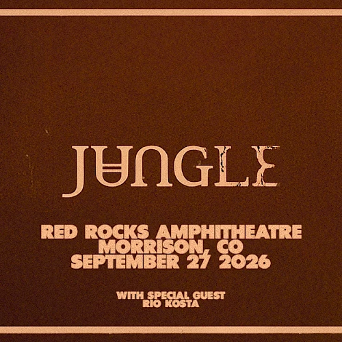 A dark brown concert poster for JUNGLE at Red Rocks Amphitheatre, Morrison, CO, September 27, 2026, with guest Rio Costa.