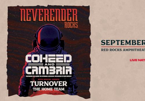 A concert poster for Coheed and Cambria, with a spacey helmet graphic on the left and event details (Sept 29, 2026) on the right, ending with period.