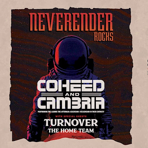 A concert poster for Coheed and Cambria, with a spacey helmet graphic on the left and event details (Sept 29, 2026) on the right, ending with period.