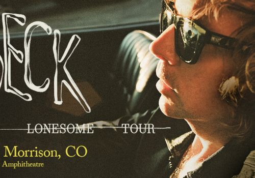 A promotional poster for Beck&rsquo;s &ldquo;Ride Lonesome Tour&rdquo; featuring Beck wearing sunglasses, with event details (10/01 Morrison, CO) and concert venue info.