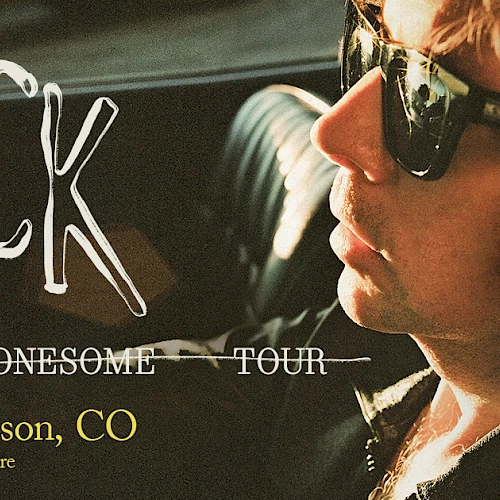 A promotional poster for Beck&rsquo;s &ldquo;Ride Lonesome Tour&rdquo; featuring Beck wearing sunglasses, with event details (10/01 Morrison, CO) and concert venue info.