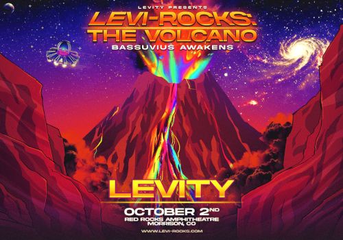 A sci-fi poster featuring a fiery lava volcano in a canyon, bold yellow title &ldquo;LEVITY&rdquo; with space/rock art, &ldquo;LEVIRY-ROCKS,&rdquo; and a night sky.
