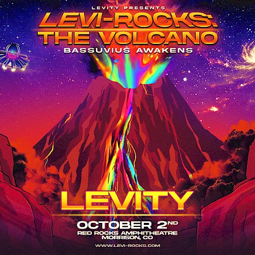 A sci-fi poster featuring a fiery lava volcano in a canyon, bold yellow title &ldquo;LEVITY&rdquo; with space/rock art, &ldquo;LEVIRY-ROCKS,&rdquo; and a night sky.