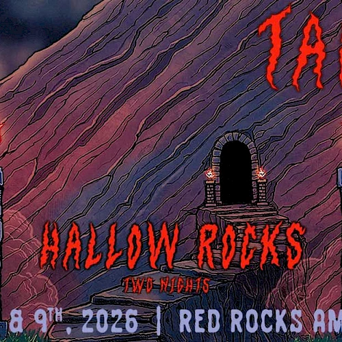 A spooky concert poster: orange flames, carved moon, skulls, a dark gate, and bold red text for &ldquo;Tape B&rdquo; and &ldquo;Hallow Rocks&rdquo; at Red Rocks Amphitheatre.