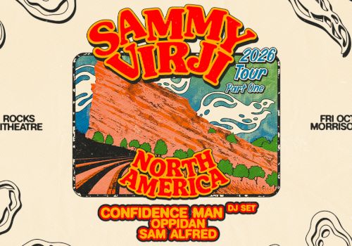 Poster for Sammi Virji&rsquo;s 2026 North America tour, featuring Confidence Man DJ Set, Sam Alfred, and Red Rocks/Morrison, CO vibes.